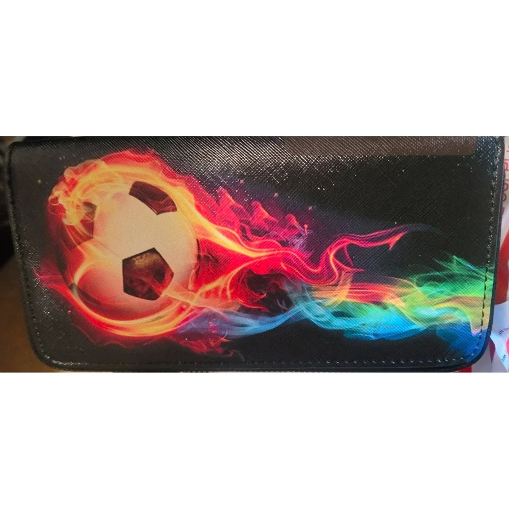 Men's Bifold Wallet Black/Multicolor Flaming Soccer Ball Graphic Print